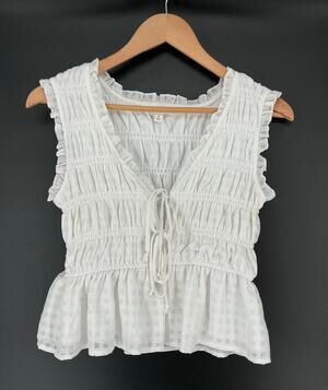 Kirious Los Angeles White Smocked Ruffle Peplum Tie Front Top Size Medium
